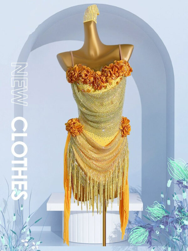 Gold Sequin Latin Dance Dress: AB Stones & Stone Fringe | BaileBelle -  Premium Ballerina Dresses & Jewelry